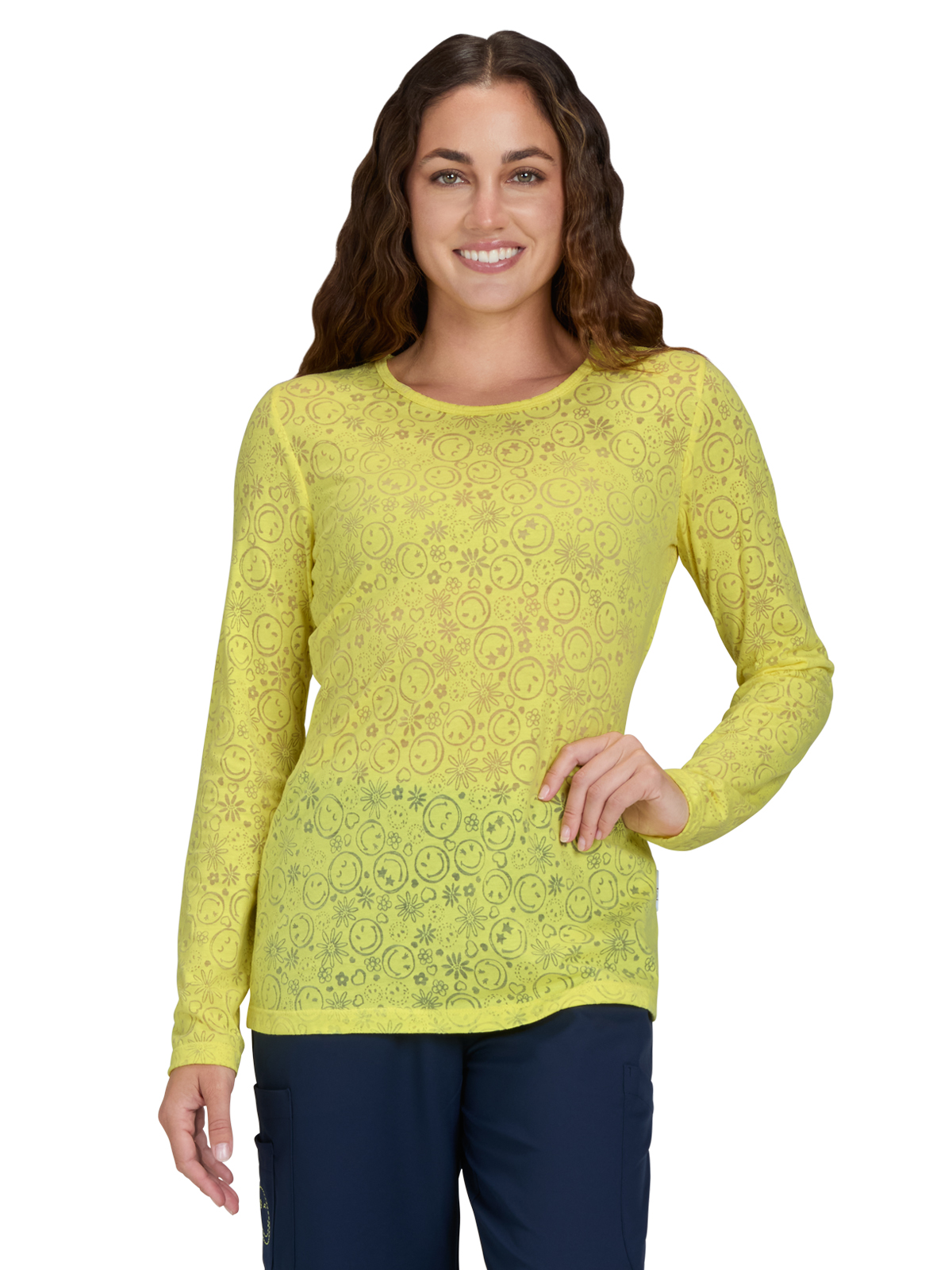 KOI S106PR Women's Smiley Face Burnout Design Long Sleeve Kind Underscrub Tee