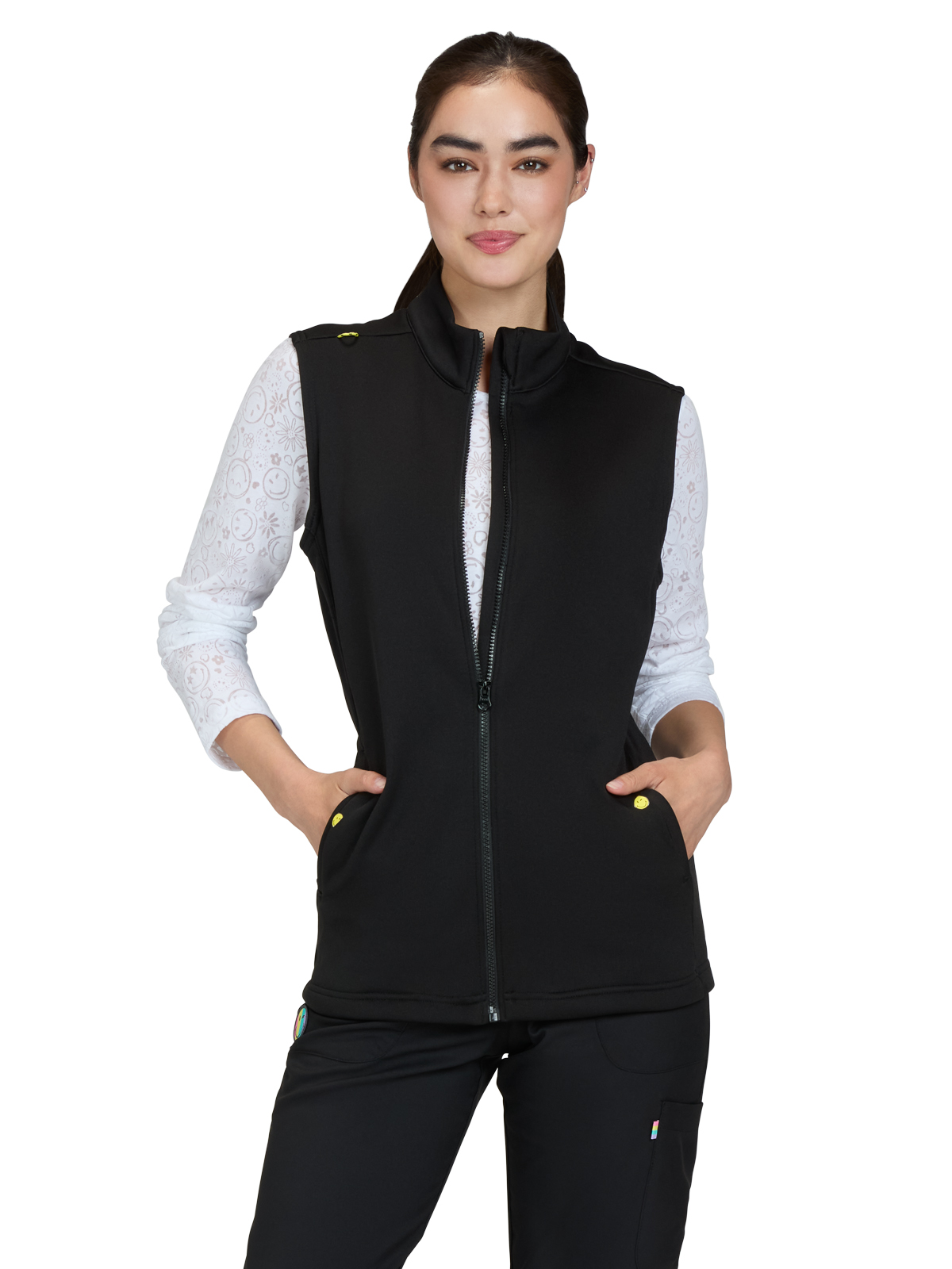 KOI S402 Women's Two-Pocket Embroidered Smiley Face Fleece Amused Vest
