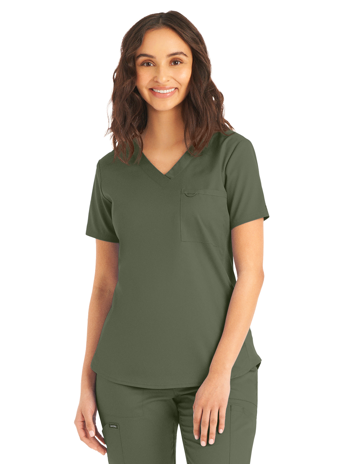 Landau LT107 Women's Two-Pocket Back Princess Seamed V-Neck Top