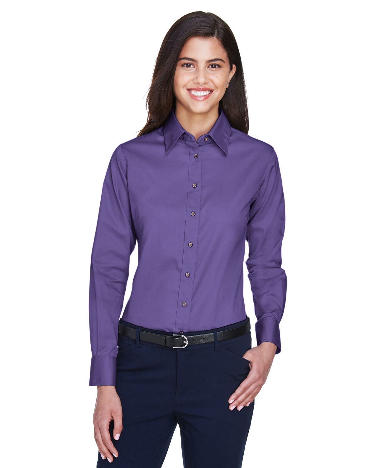 Harriton M500W Women's Easy Blend Long-Sleeve TwillShirt with Stain-Release
