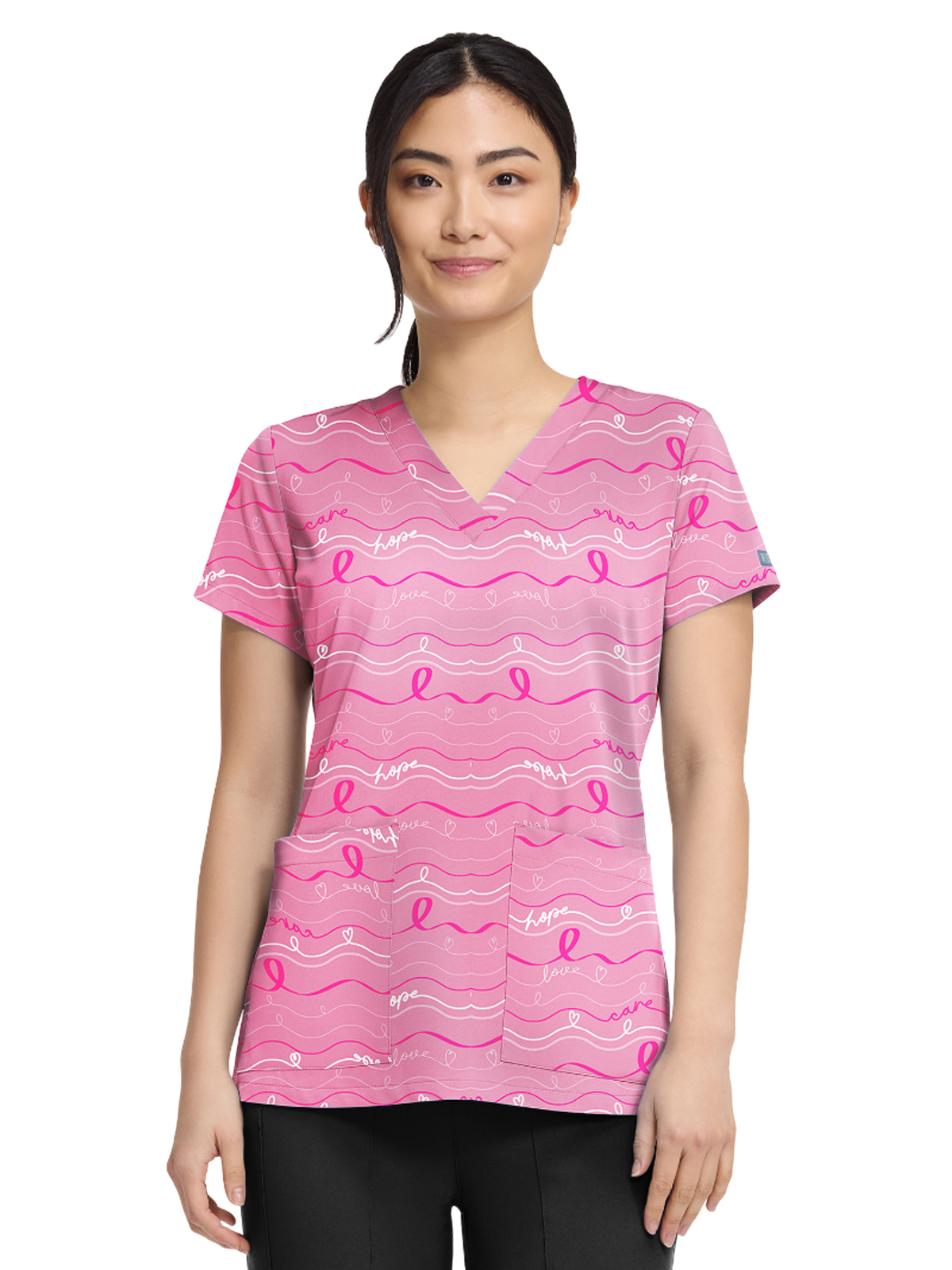 Med Couture 8564 Women's 2-Pocket V-Neck Print Top