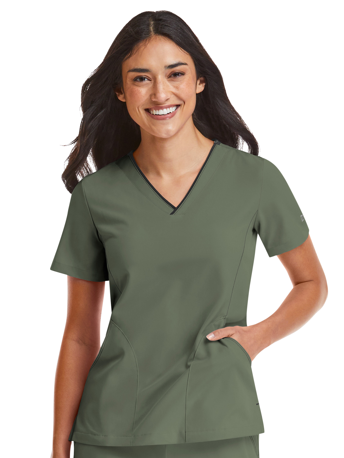 Maevn 4510 Women's Three-Pocket Contrast Stitching V-Neck Top