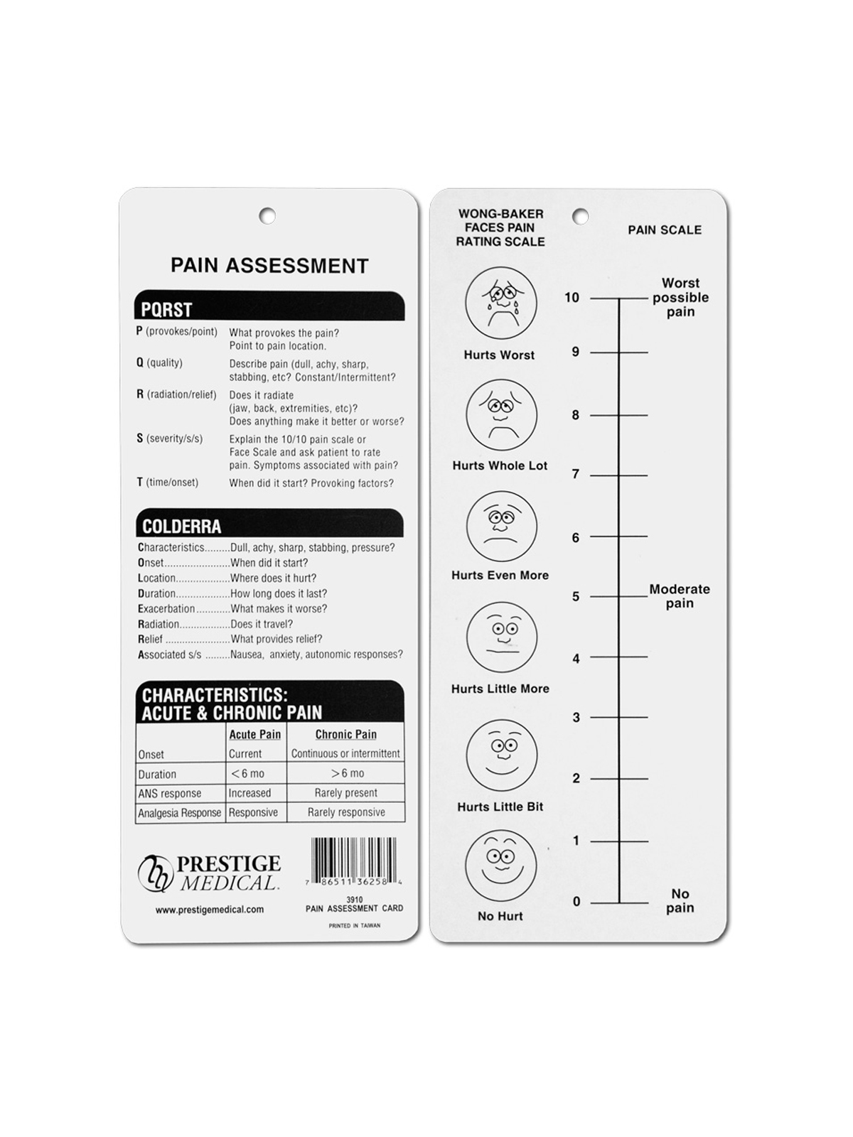 Prestige Medical 3910 Pain Assessment Card