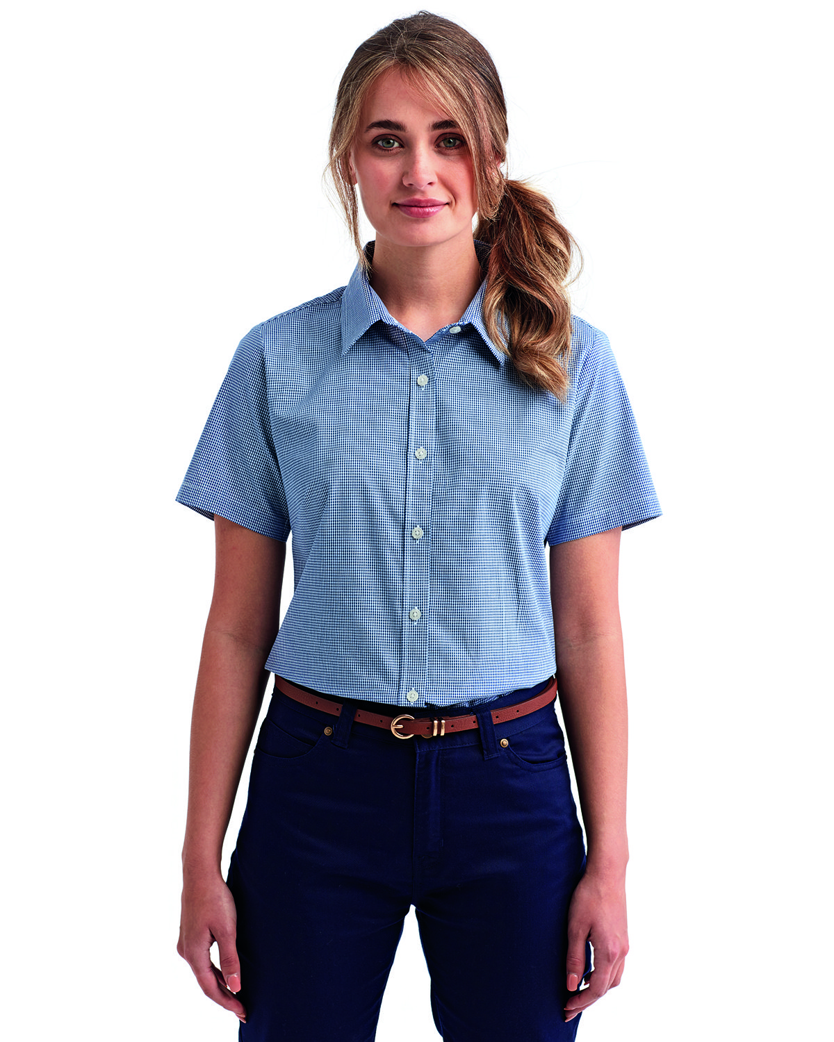 Artisan Collection by Reprime RP321 Women's Microcheck Gingham Short-Sleeve Cotton Shirt