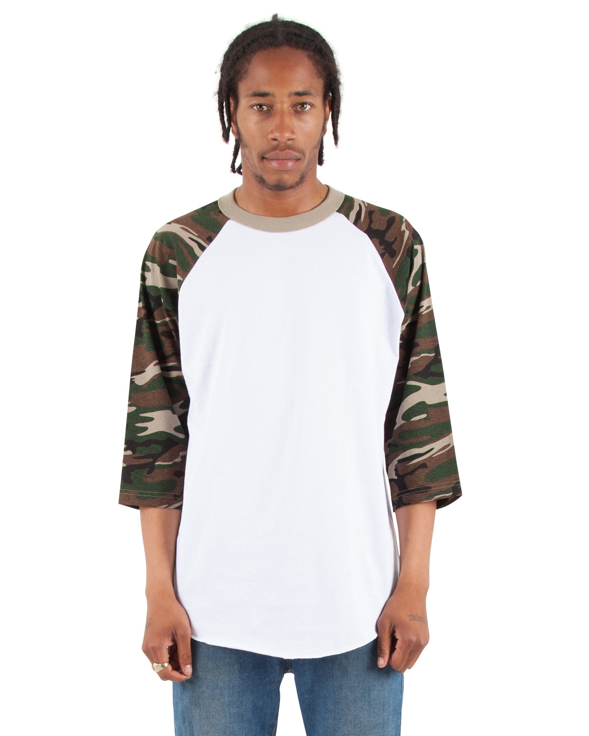Shaka Wear SHRAGCM Adult 8.9 oz. 3/4-Sleeve Camo Raglan T-Shirt