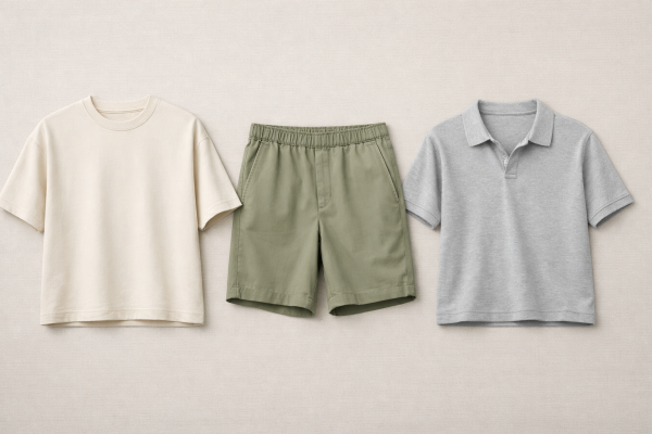 Power casual summer outfit flat lay with oversized t-shirt, relaxed-fit shorts, and minimal polo shirt in neutral tones