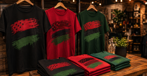 Stylish t-shirts in black, red, and green featuring a distressed, brushstroke-style Pan African flag graphic with star details, showcased on hangers and folded on a wooden table.